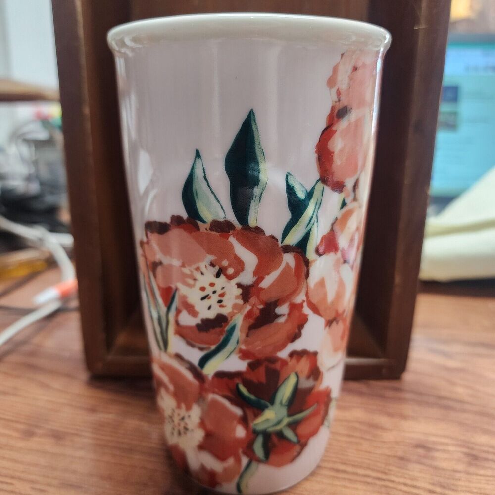 Starbucks Ceramic Travel Mug Floral Flowers No Lid 10 Oz Cup Tumbler 2015 Pink